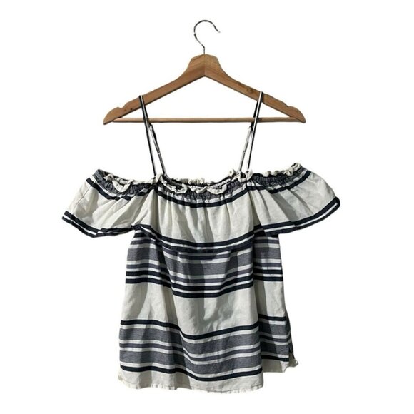 Splendid Cold Off Shoulder Blouse Large XL Striped Navy Ivory Ruffle Top Peasant - Picture 2 of 12